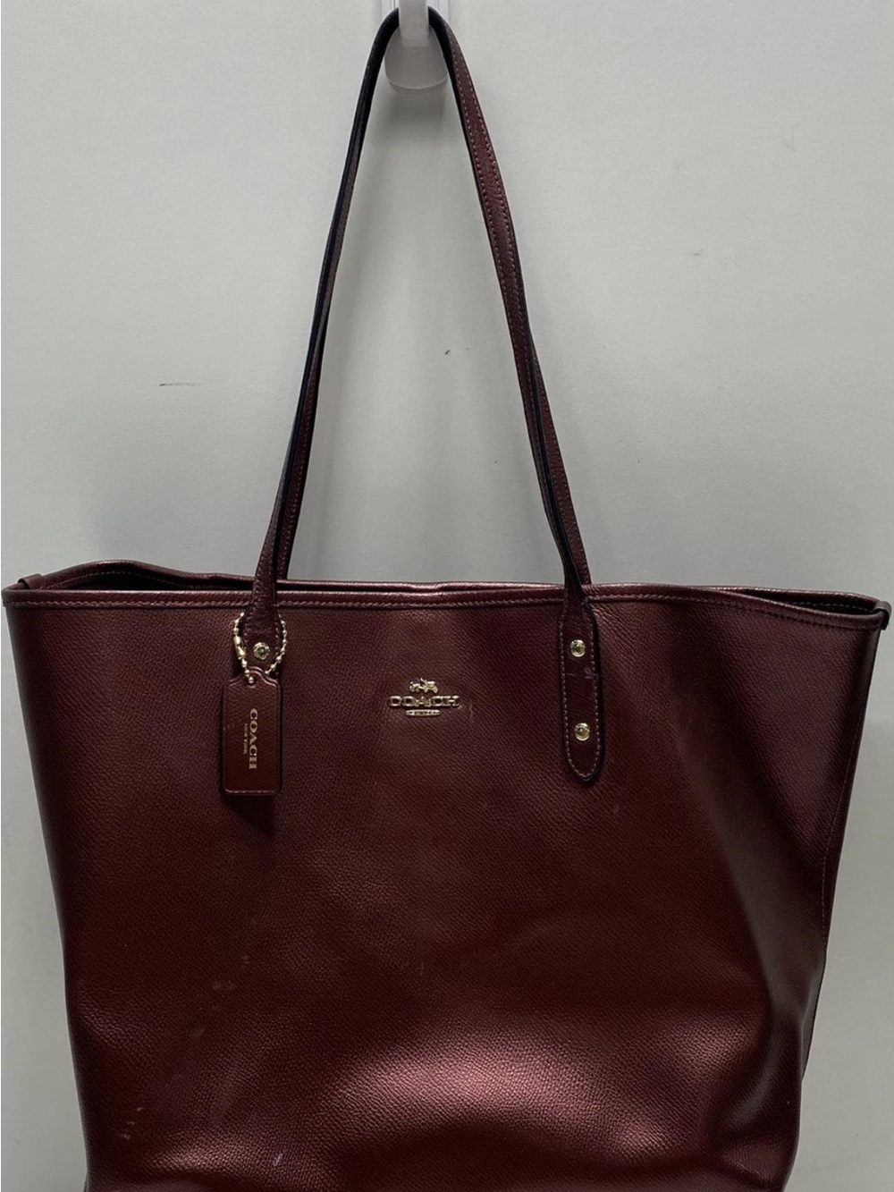 Coach Pebbled Leather Tote in Deep Burgundy with Gold Hardware